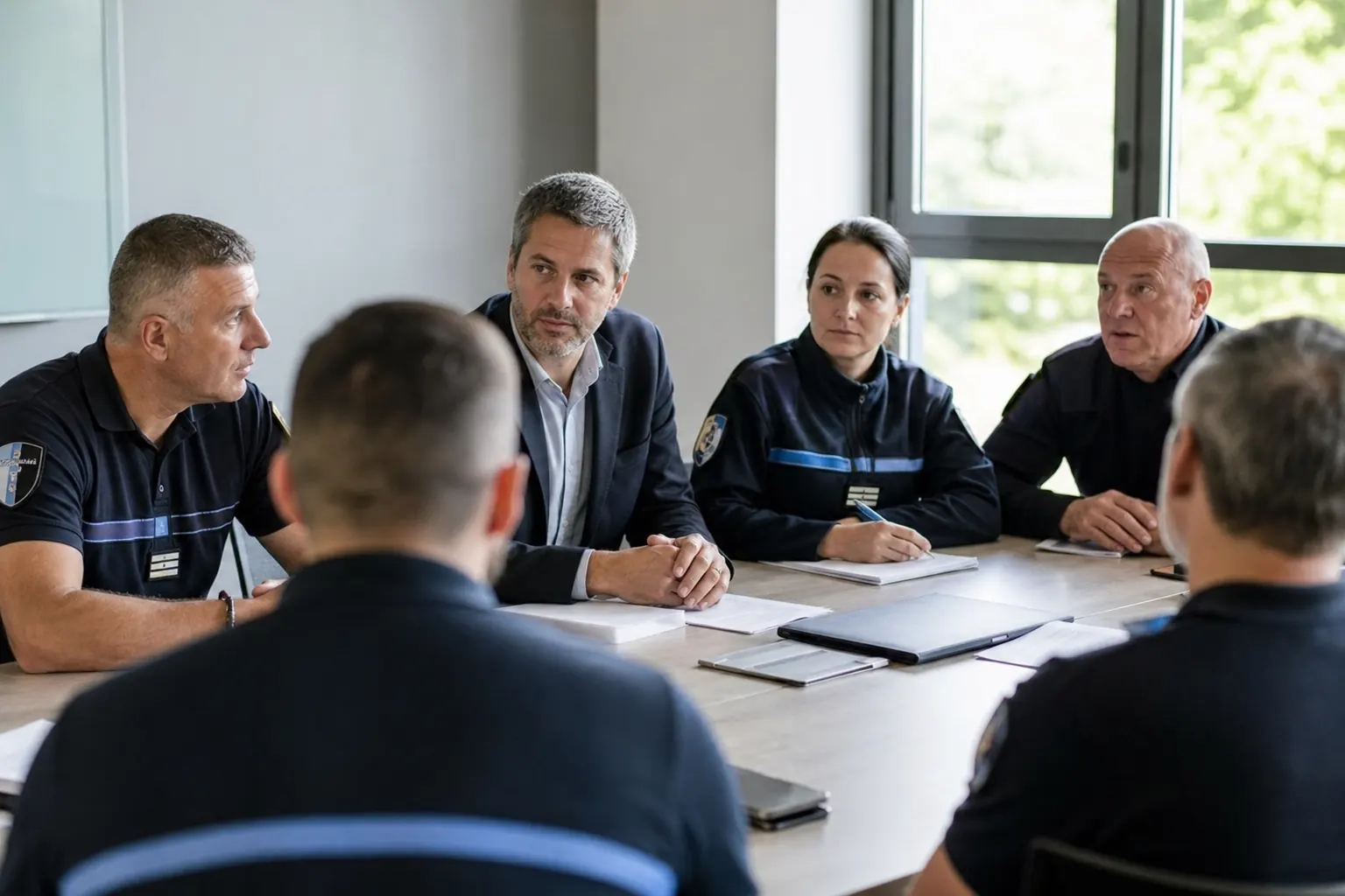 Réunion de sécurité avec des agents et des responsables