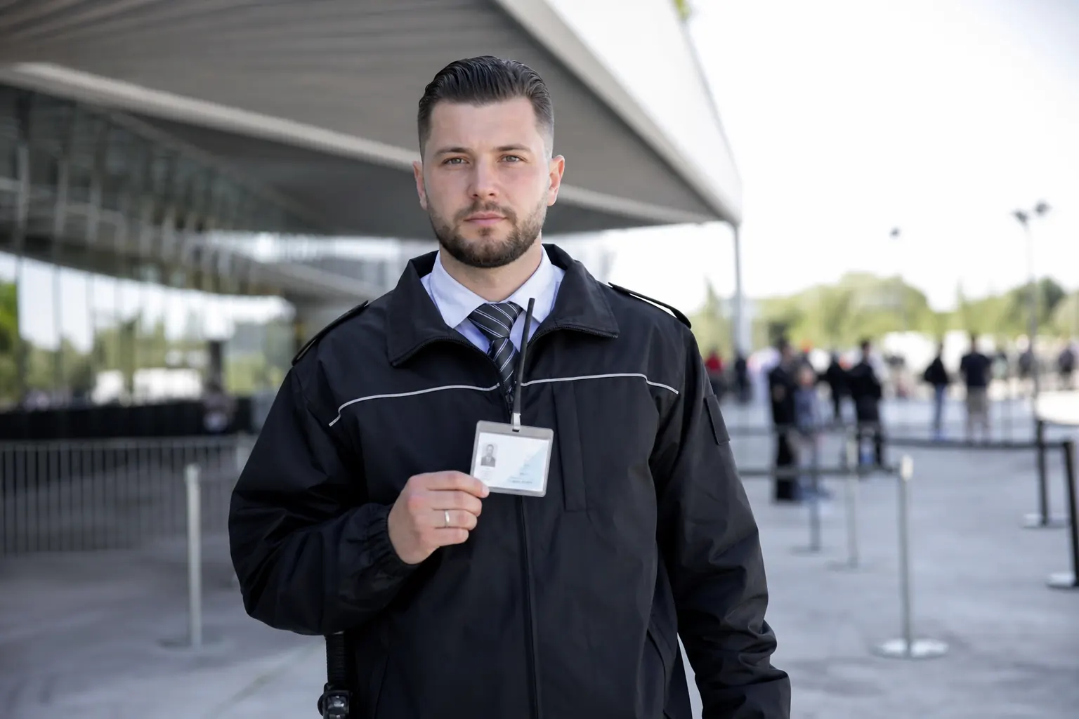 Agent de sécurité vérifiant sa carte professionnelle