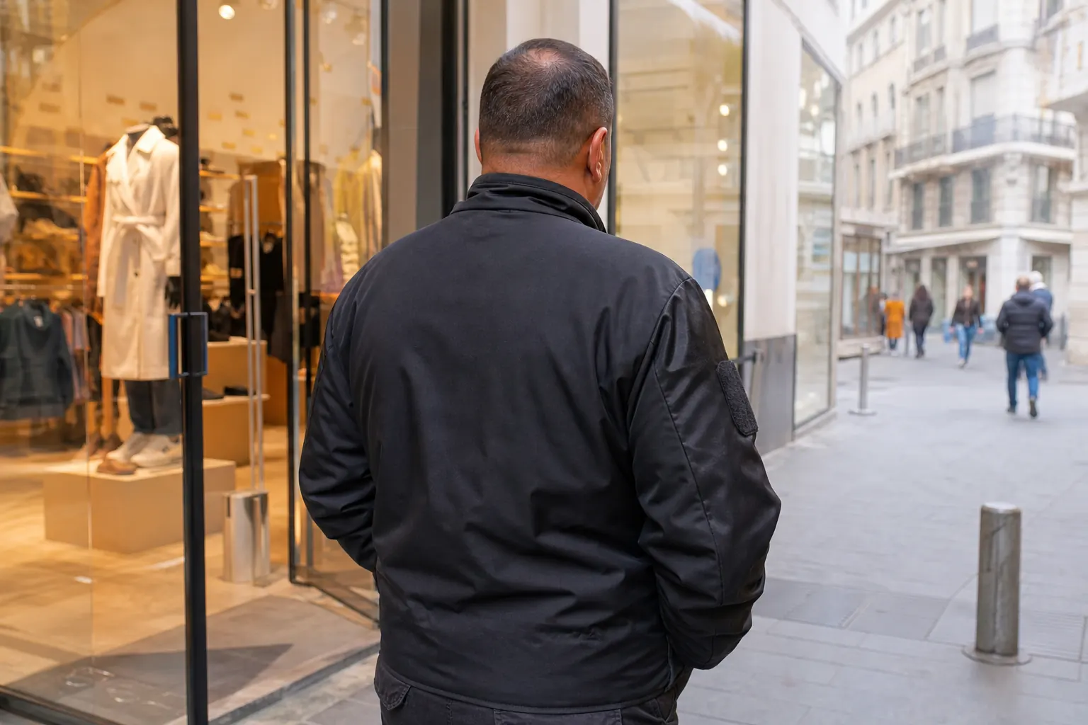 Un agent de sécurité surveillant un magasin à Marseille.