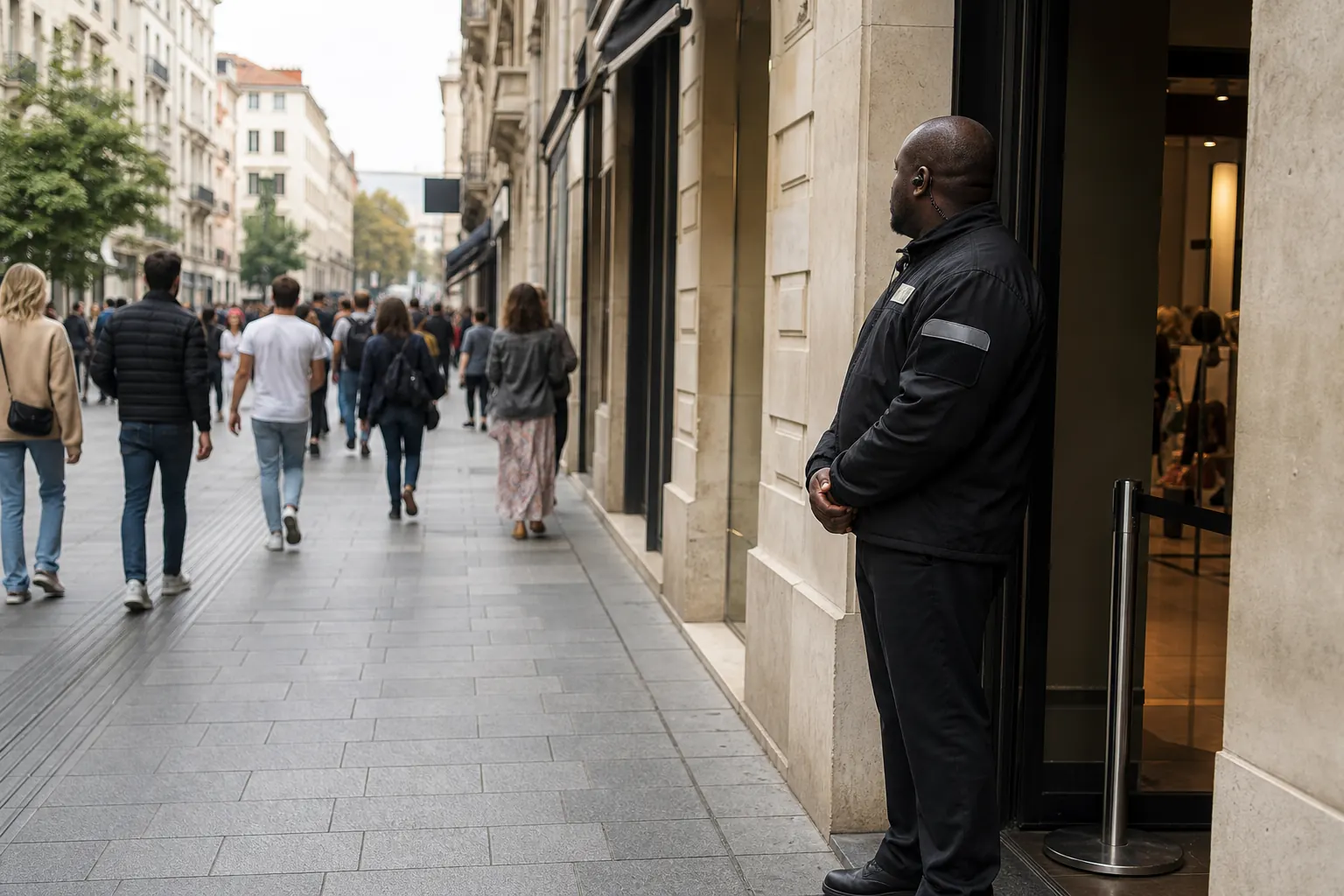 Un agent de sécurité surveillant un commerce à Lyon.