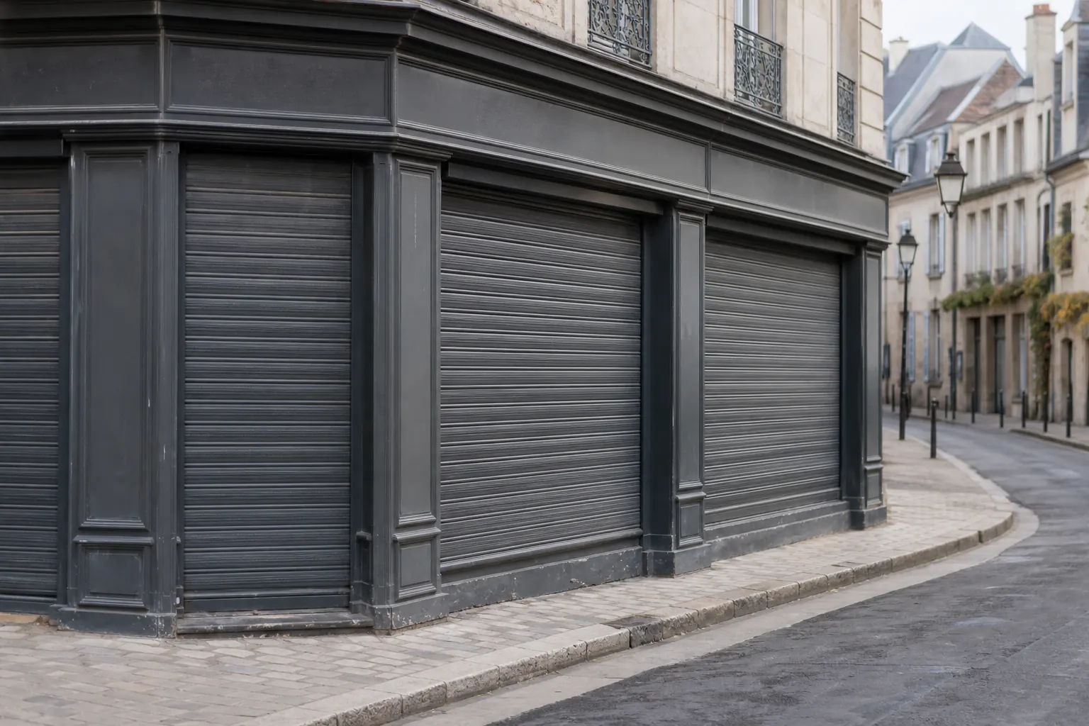 Façade d'un bâtiment calme et fermé après un incident de vandalisme.